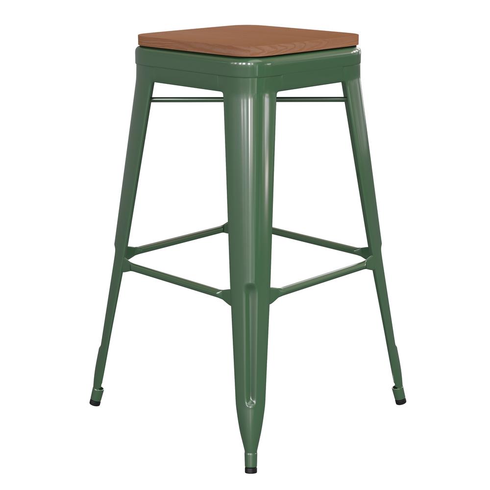 Kai Commercial Grade 30" High Backless Green Metal Indoor-Outdoor Barstool with Square Teak Poly Resin Wood Seat. Picture 2