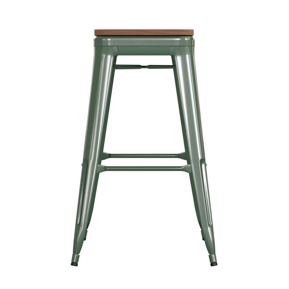 Kai Commercial Grade 30" High Backless Green Metal Indoor-Outdoor Barstool with Square Teak Poly Resin Wood Seat. Picture 10