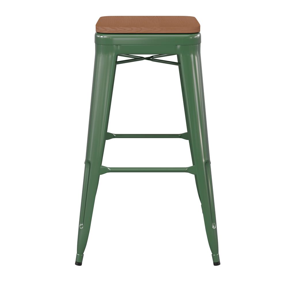 Kai Commercial Grade 30" High Backless Green Metal Indoor-Outdoor Barstool with Square Teak Poly Resin Wood Seat. Picture 9