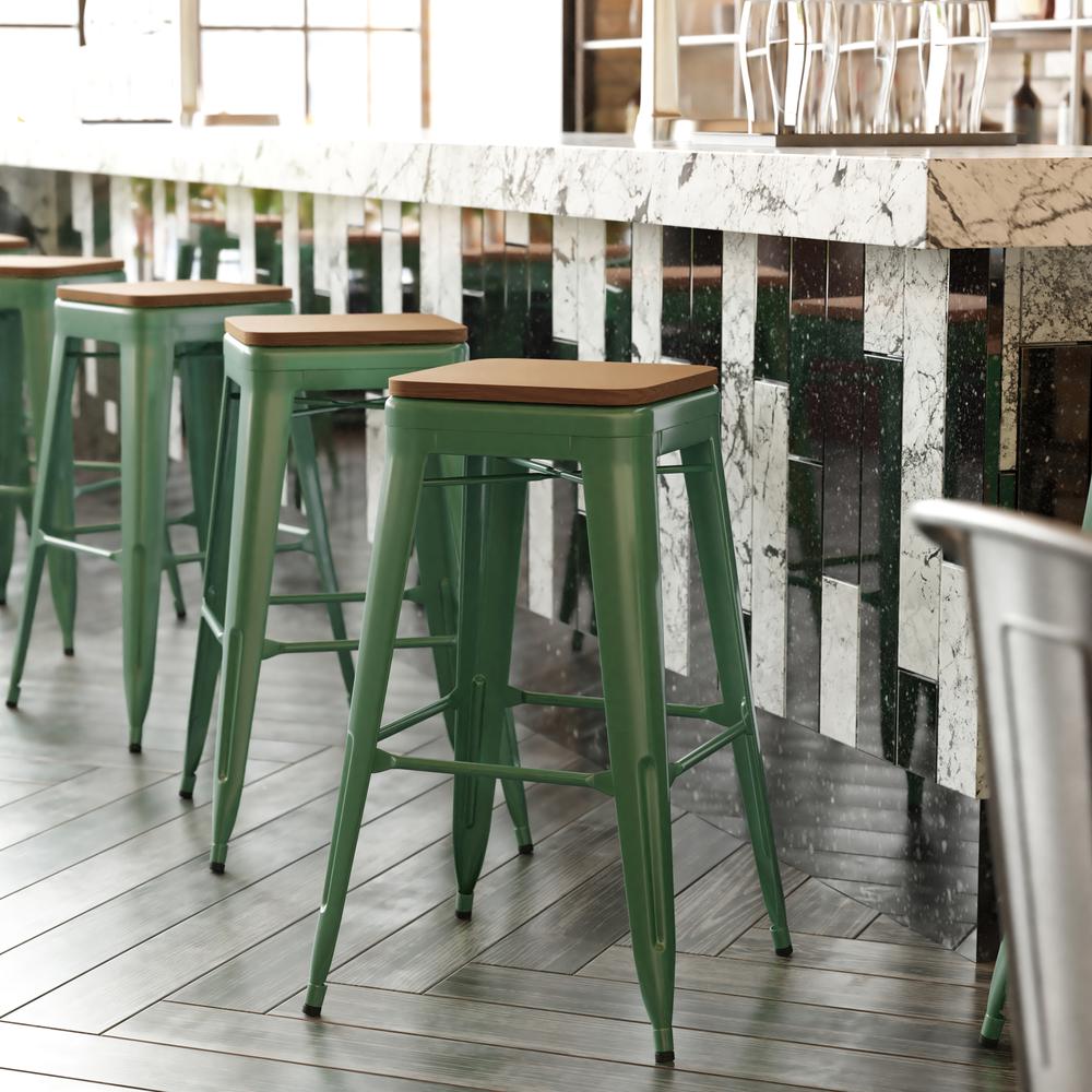 Kai Commercial Grade 30" High Backless Green Metal Indoor-Outdoor Barstool with Square Teak Poly Resin Wood Seat. The main picture.