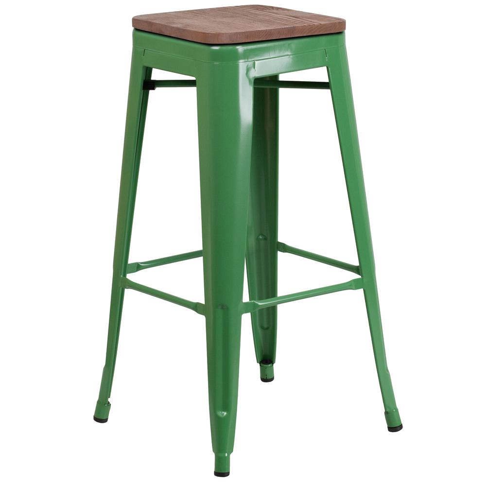 30" High Backless Green Metal Barstool with Square Wood Seat. The main picture.