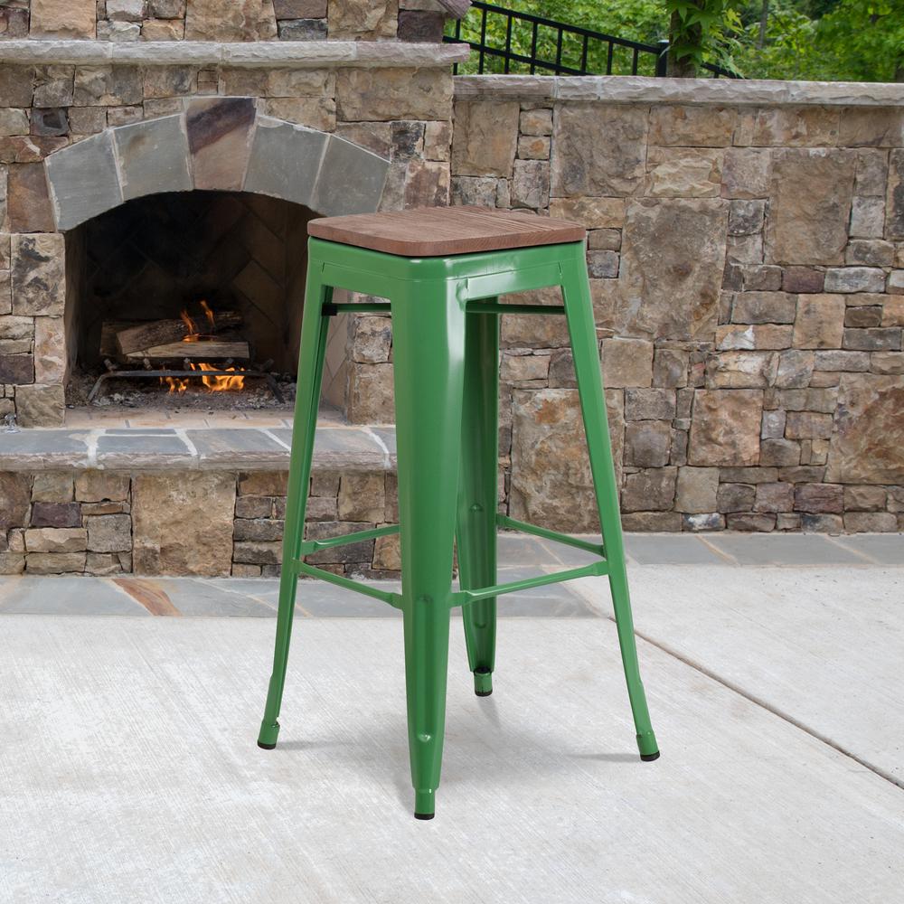 30" High Backless Green Metal Barstool with Square Wood Seat. Picture 5