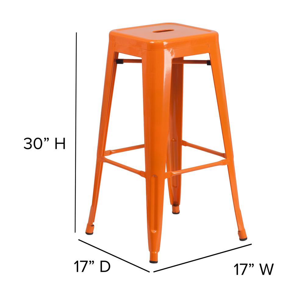 Commercial Grade 30" High Backless Orange Metal Indoor-Outdoor Barstool with Square Seat. Picture 2