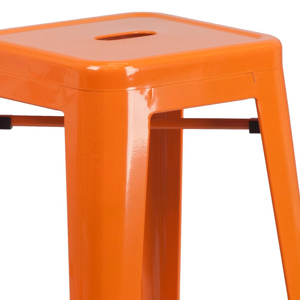 Commercial Grade 30" High Backless Orange Metal Indoor-Outdoor Barstool with Square Seat. Picture 3