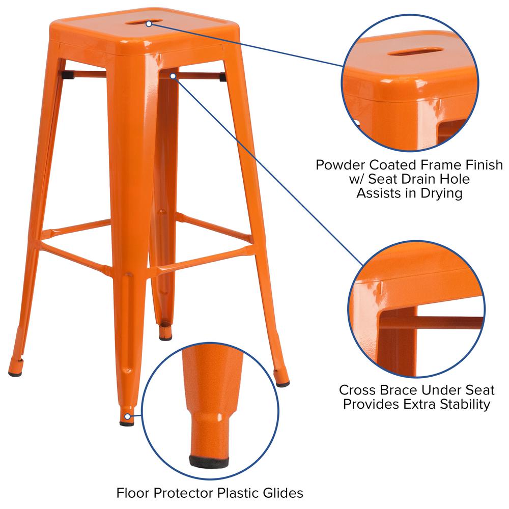 Commercial Grade 30" High Backless Orange Metal Indoor-Outdoor Barstool with Square Seat. Picture 4