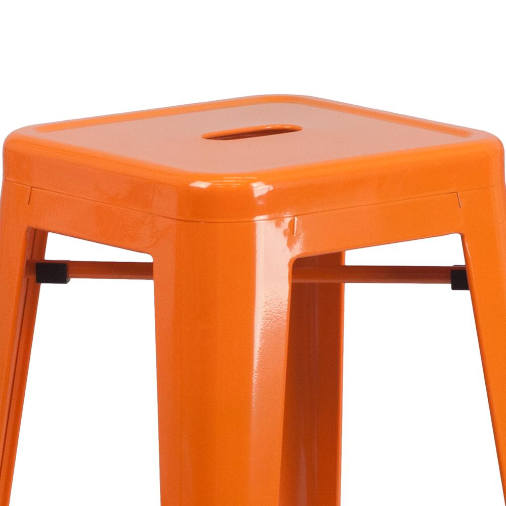 Commercial Grade 30" High Backless Orange Metal Indoor-Outdoor Barstool with Square Seat. Picture 5