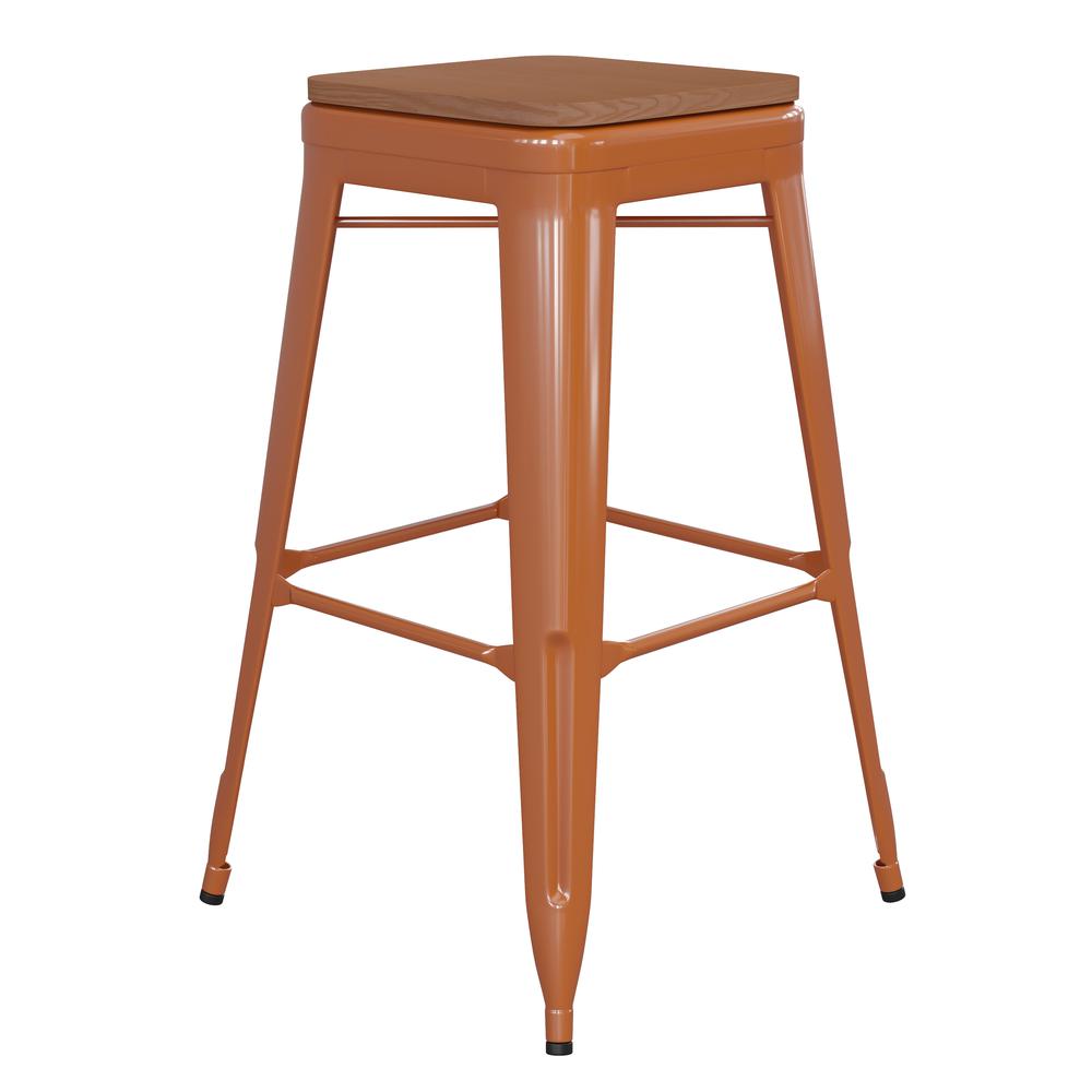 Kai Commercial Grade 30" High Backless Orange Metal Indoor-Outdoor Barstool with Square Teak Poly Resin Wood Seat. Picture 2