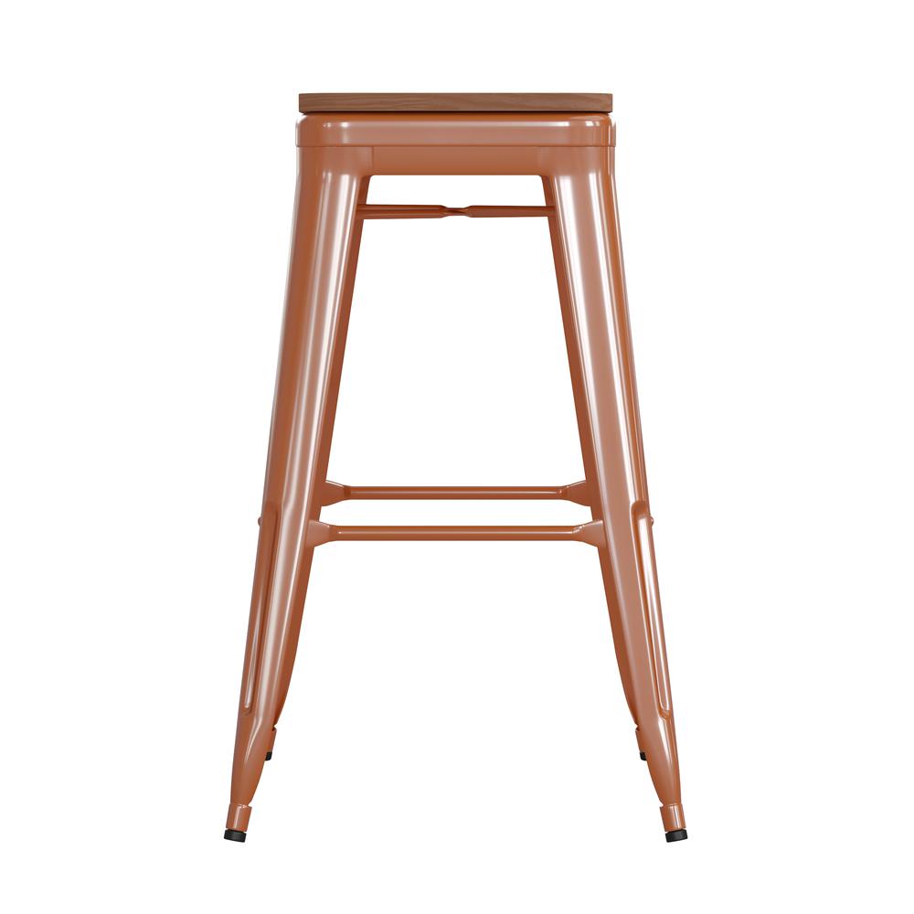 Kai Commercial Grade 30" High Backless Orange Metal Indoor-Outdoor Barstool with Square Teak Poly Resin Wood Seat. Picture 10
