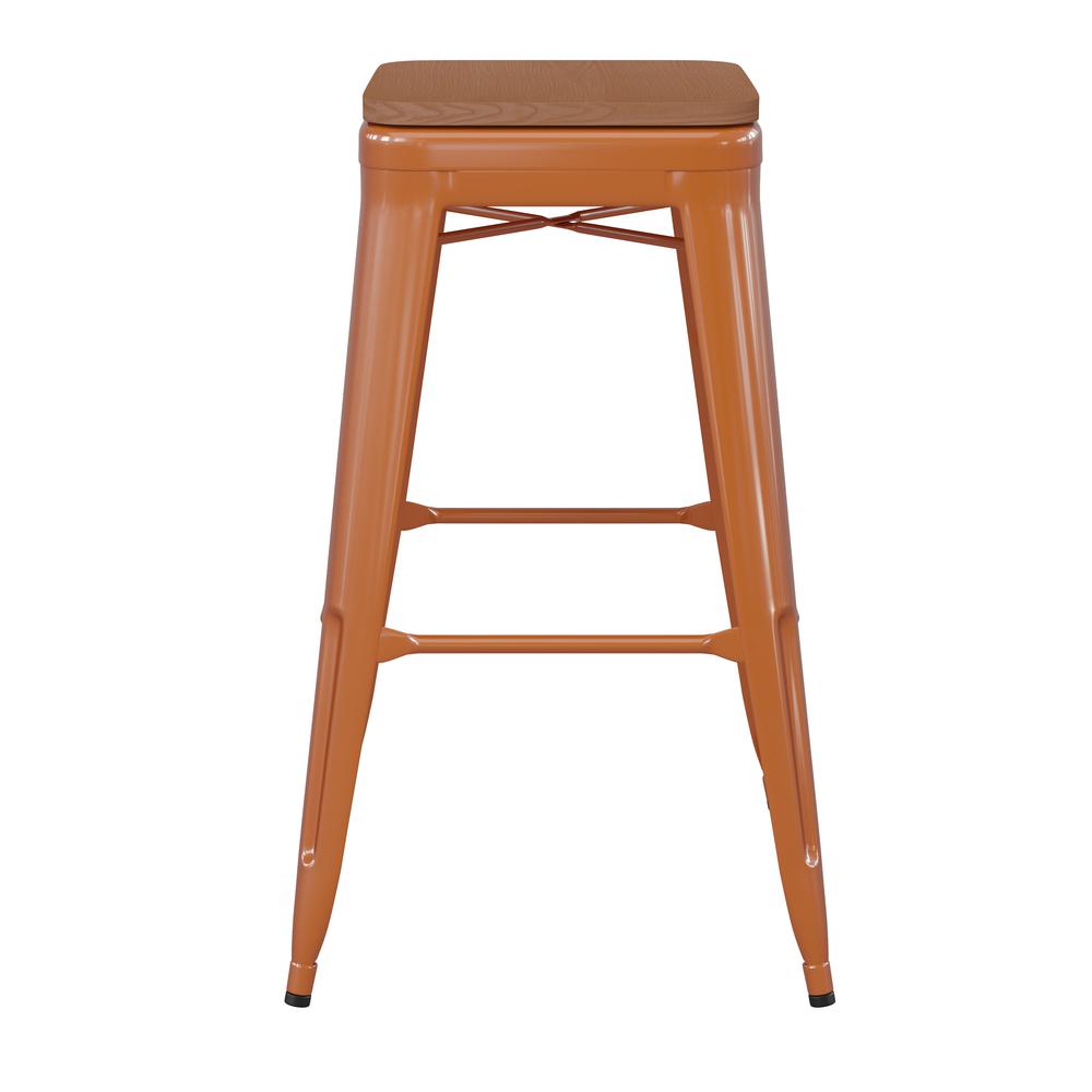 Kai Commercial Grade 30" High Backless Orange Metal Indoor-Outdoor Barstool with Square Teak Poly Resin Wood Seat. Picture 9