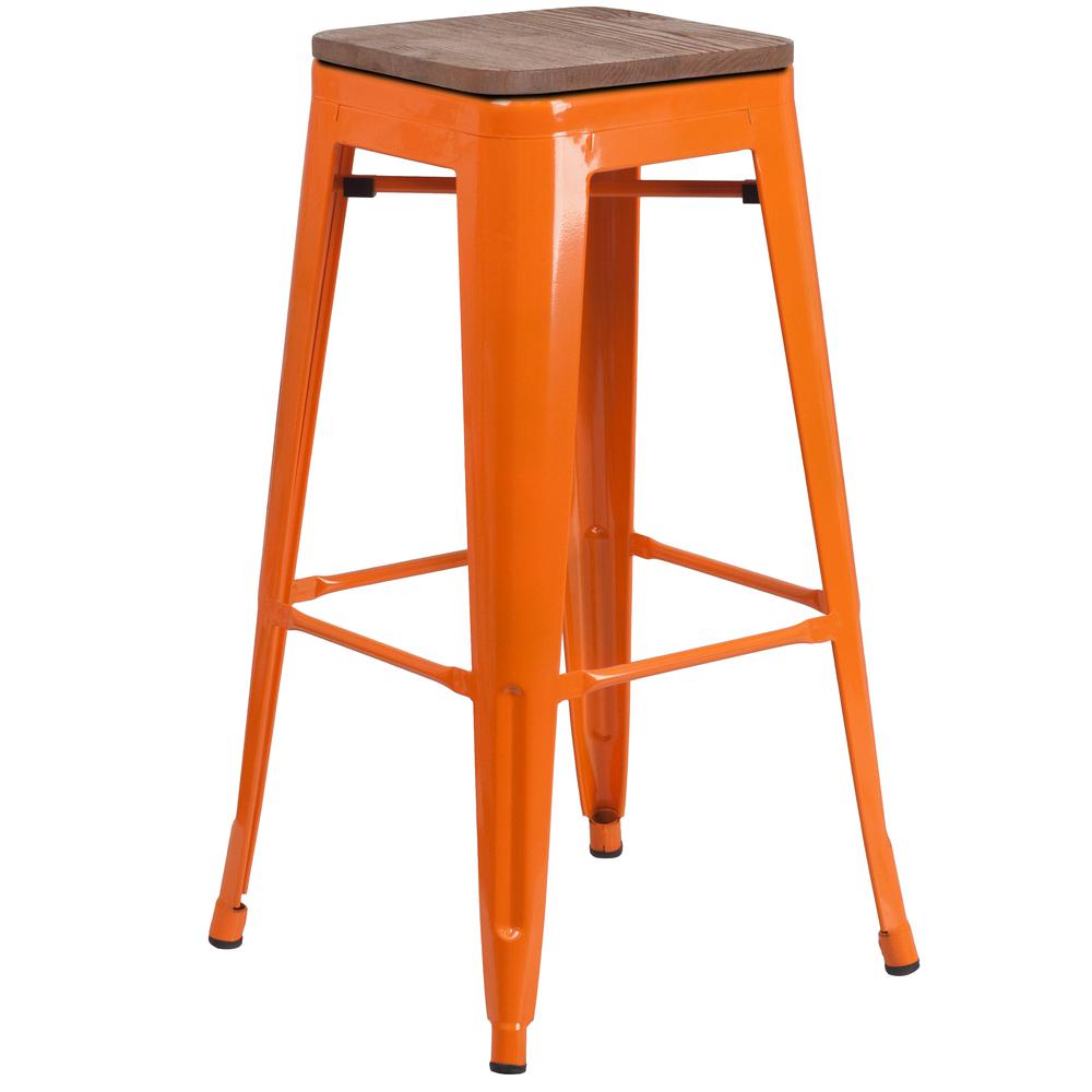 30" High Backless Orange Metal Barstool with Square Wood Seat. The main picture.