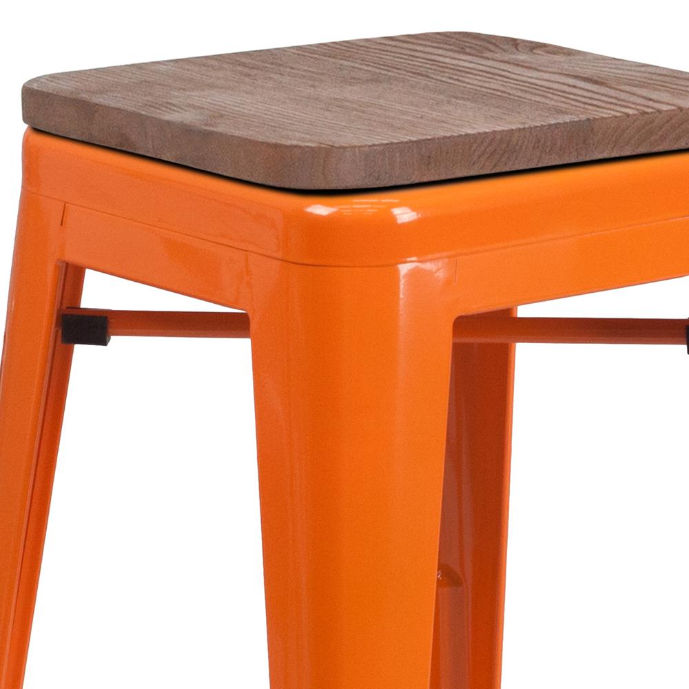 30" High Backless Orange Metal Barstool with Square Wood Seat. Picture 2
