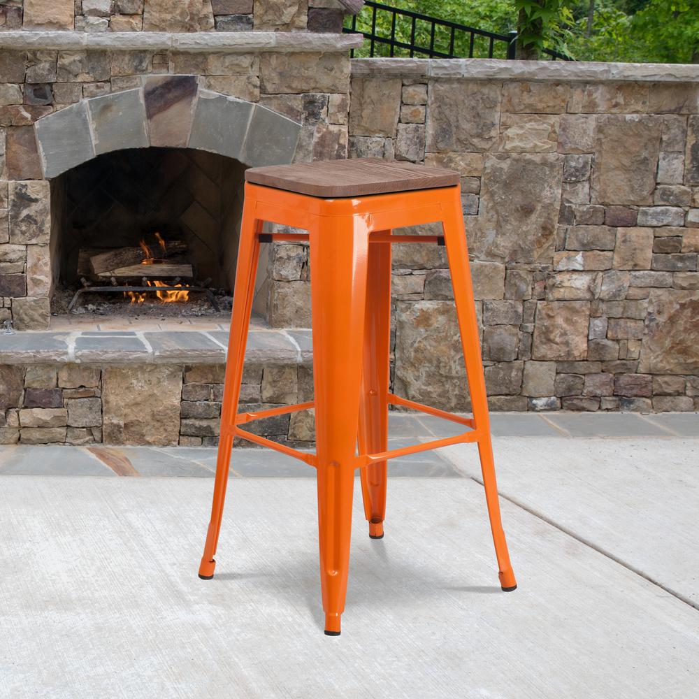 30" High Backless Orange Metal Barstool with Square Wood Seat. Picture 5