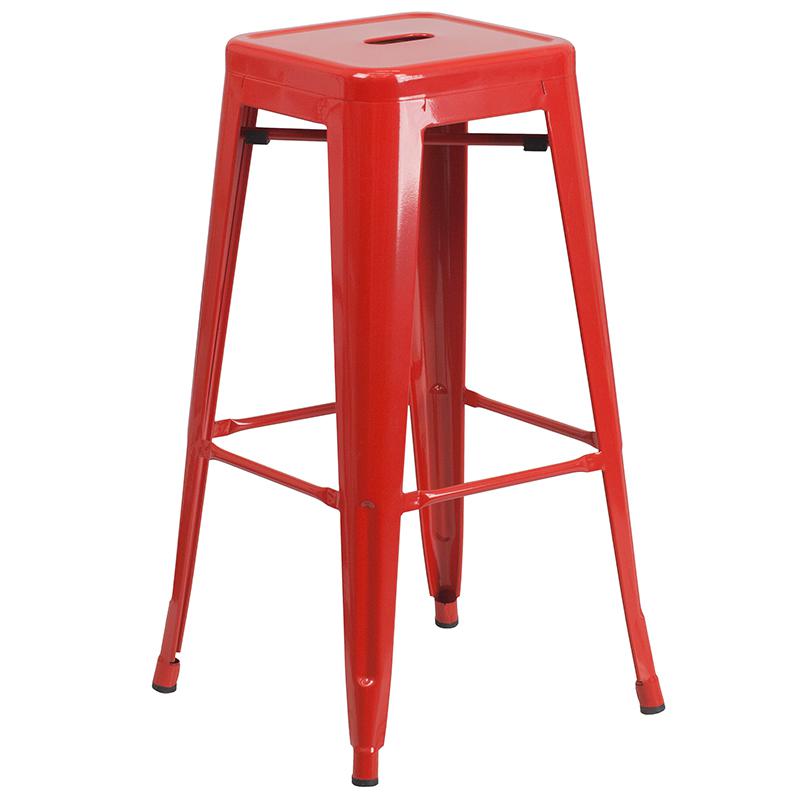 Commercial Grade 30" High Backless Red Metal Indoor-Outdoor Barstool with Square Seat. Picture 2