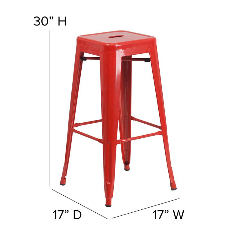 Commercial Grade 30" High Backless Red Metal Indoor-Outdoor Barstool with Square Seat. Picture 6