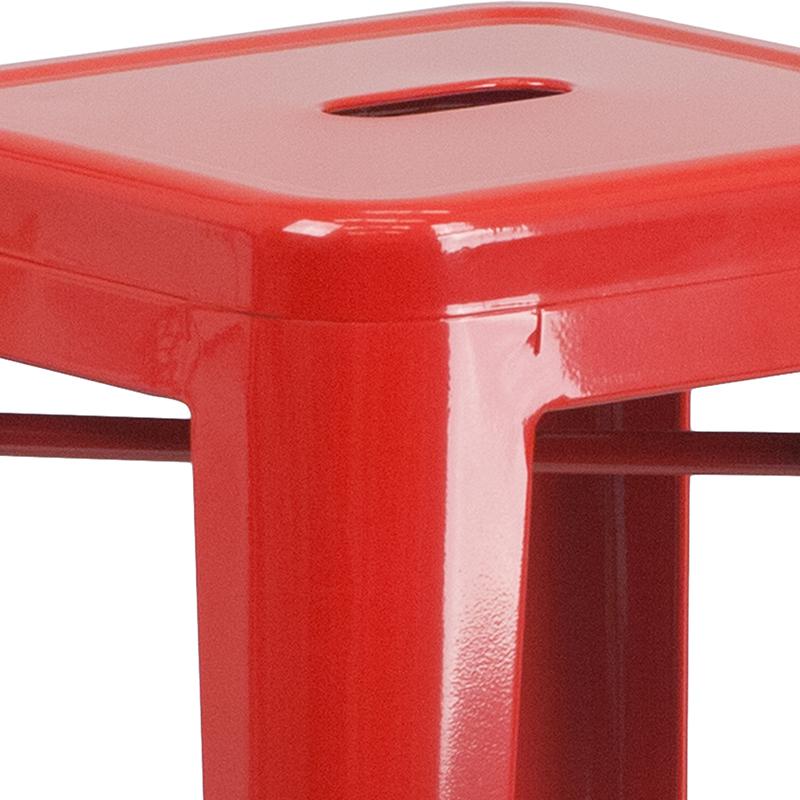 Commercial Grade 30" High Backless Red Metal Indoor-Outdoor Barstool with Square Seat. Picture 9