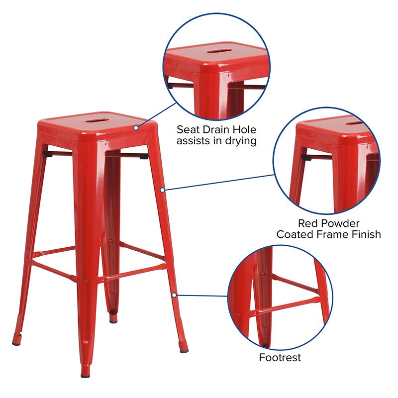 Commercial Grade 30" High Backless Red Metal Indoor-Outdoor Barstool with Square Seat. Picture 5