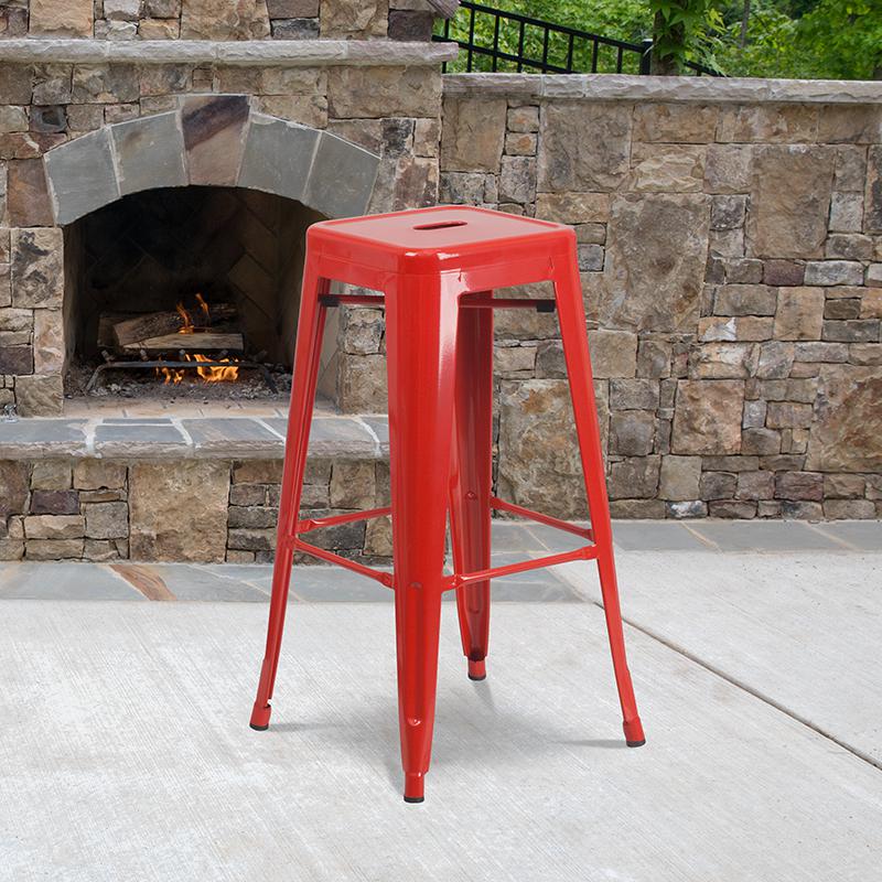 Commercial Grade 30" High Backless Red Metal Indoor-Outdoor Barstool with Square Seat. The main picture.