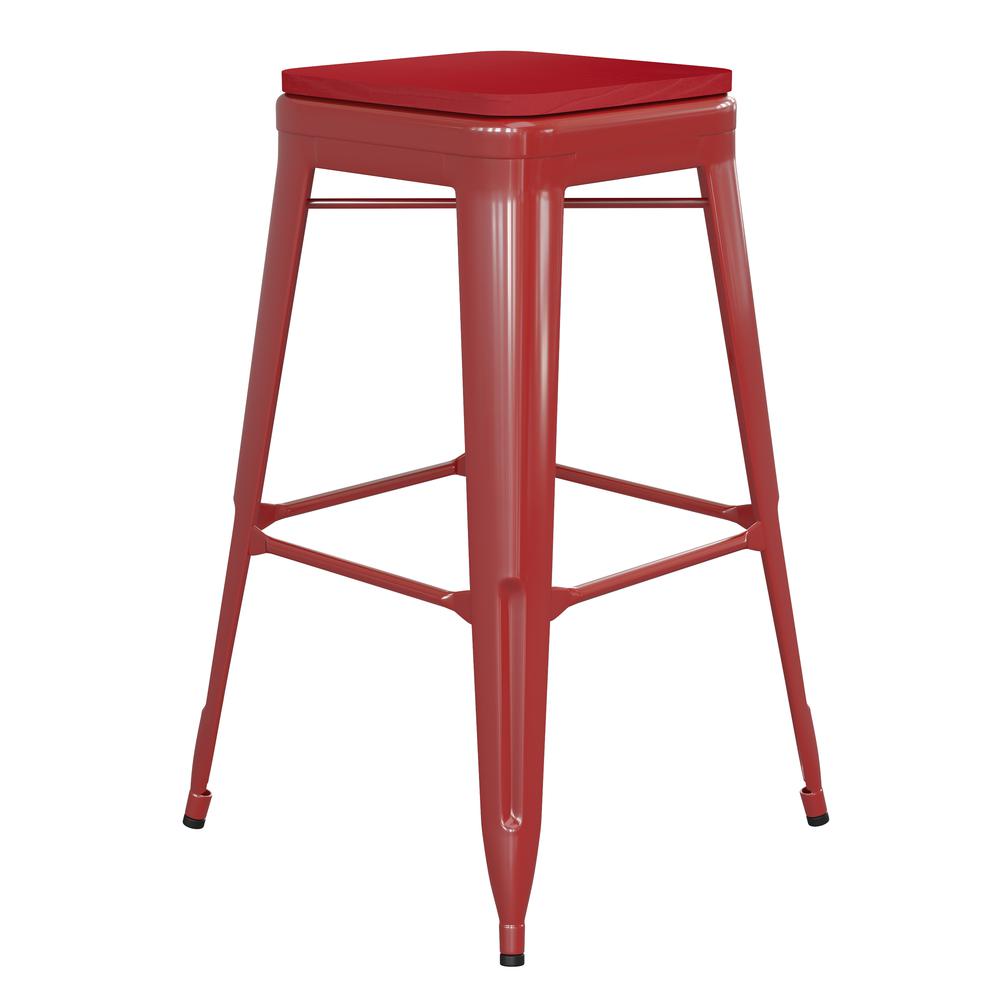 30" High Red Metal Indoor-Outdoor Barstool with Red Poly Resin Wood Seat. Picture 2