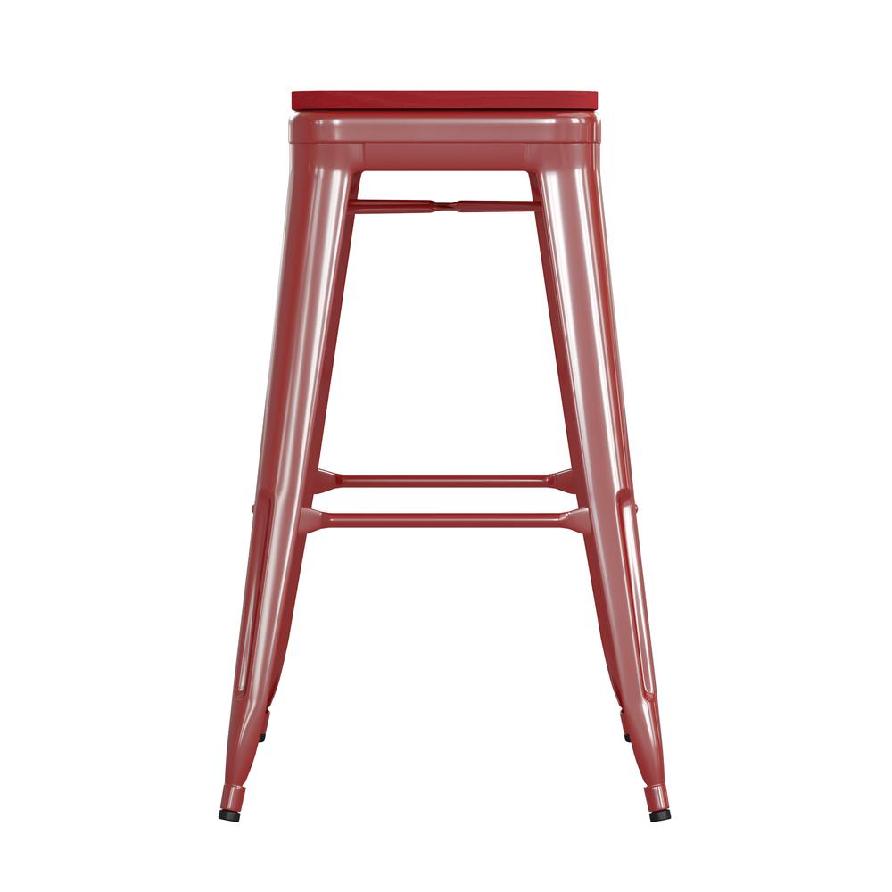 30" High Red Metal Indoor-Outdoor Barstool with Red Poly Resin Wood Seat. Picture 10