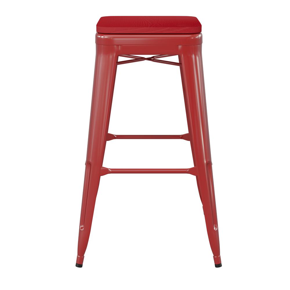 30" High Red Metal Indoor-Outdoor Barstool with Red Poly Resin Wood Seat. Picture 9