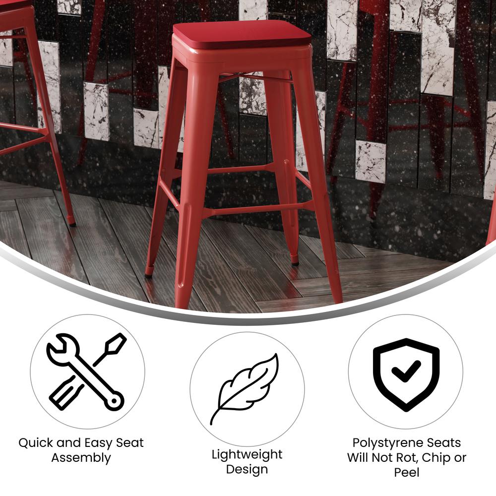 30" High Red Metal Indoor-Outdoor Barstool with Red Poly Resin Wood Seat. Picture 4