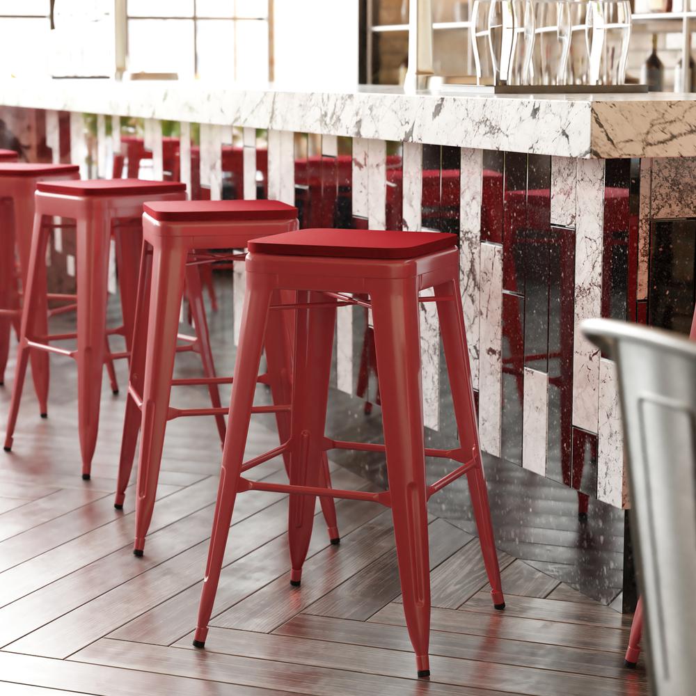 30" High Red Metal Indoor-Outdoor Barstool with Red Poly Resin Wood Seat. Picture 1