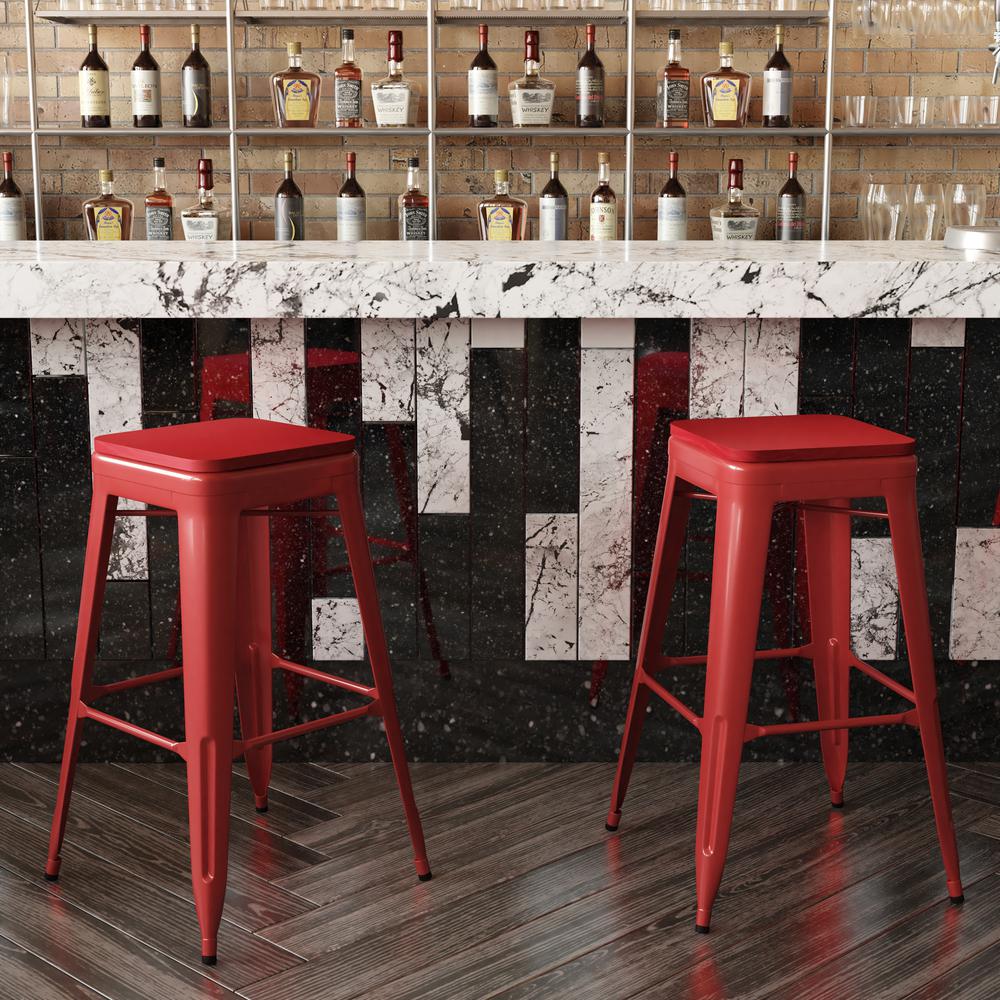 30" High Red Metal Indoor-Outdoor Barstool with Red Poly Resin Wood Seat. Picture 7