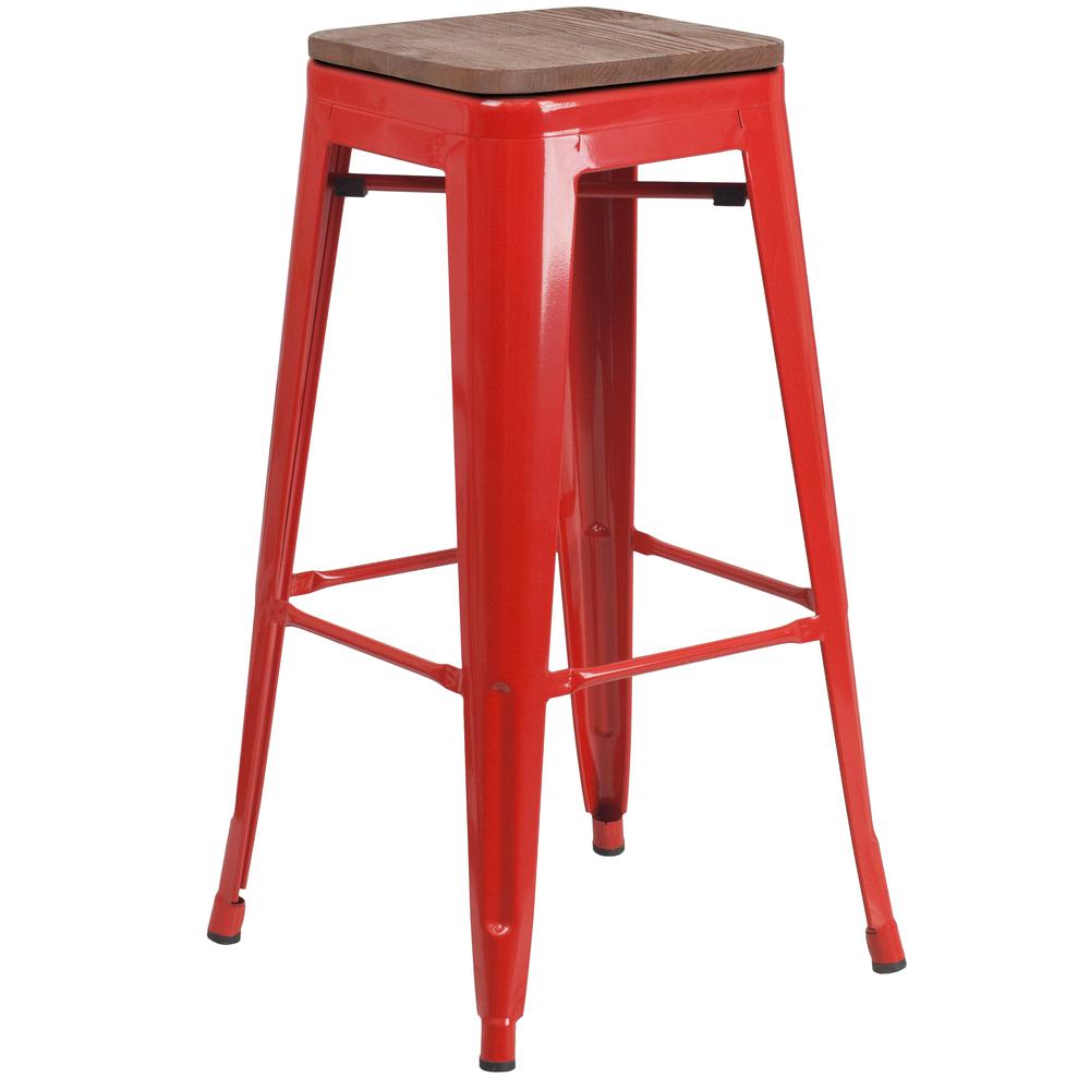 30" High Backless Red Metal Barstool with Square Wood Seat. Picture 1