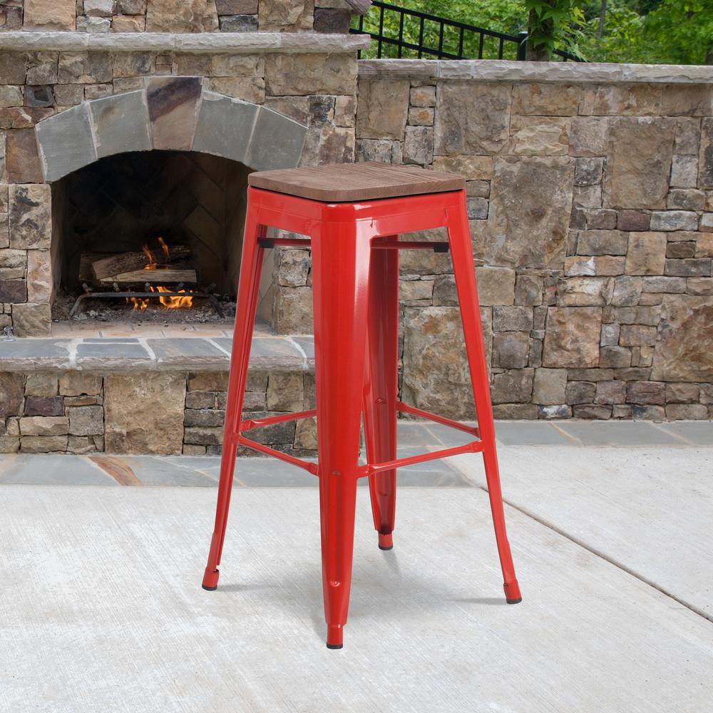 30" High Backless Red Metal Barstool with Square Wood Seat. Picture 5