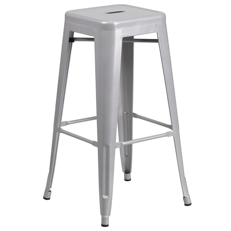 Commercial Grade 30" High Backless Silver Metal Indoor-Outdoor Barstool with Square Seat. Picture 1