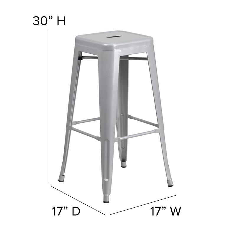 Commercial Grade 30" High Backless Silver Metal Indoor-Outdoor Barstool with Square Seat. Picture 2
