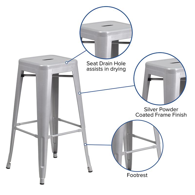 Commercial Grade 30" High Backless Silver Metal Indoor-Outdoor Barstool with Square Seat. Picture 6