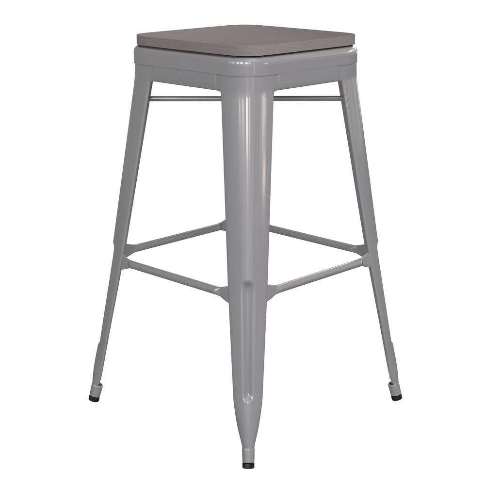 30" High Silver Metal Indoor-Outdoor Barstool with Gray Poly Resin Wood Seat. Picture 2