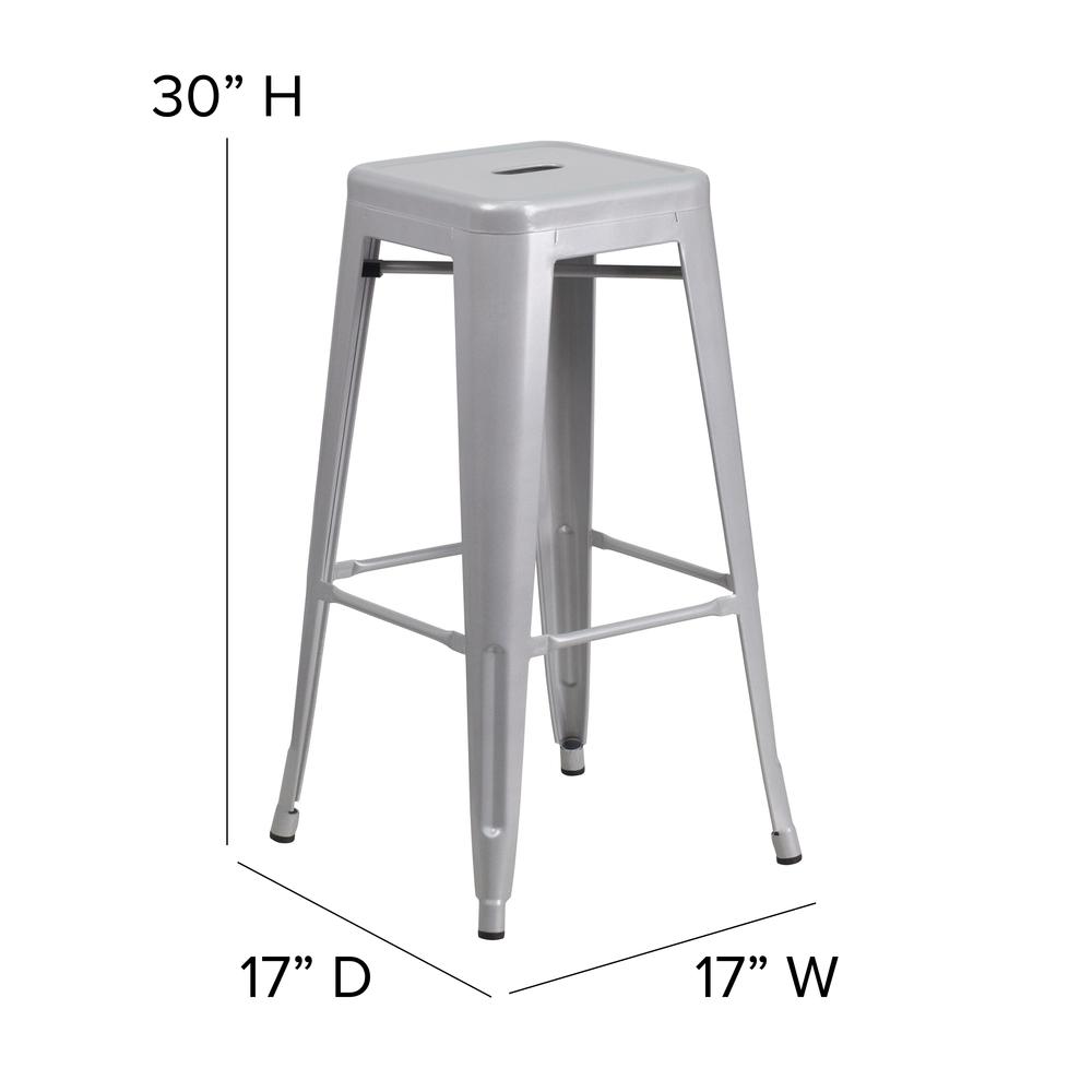 30" High Silver Metal Indoor-Outdoor Barstool with Gray Poly Resin Wood Seat. Picture 5