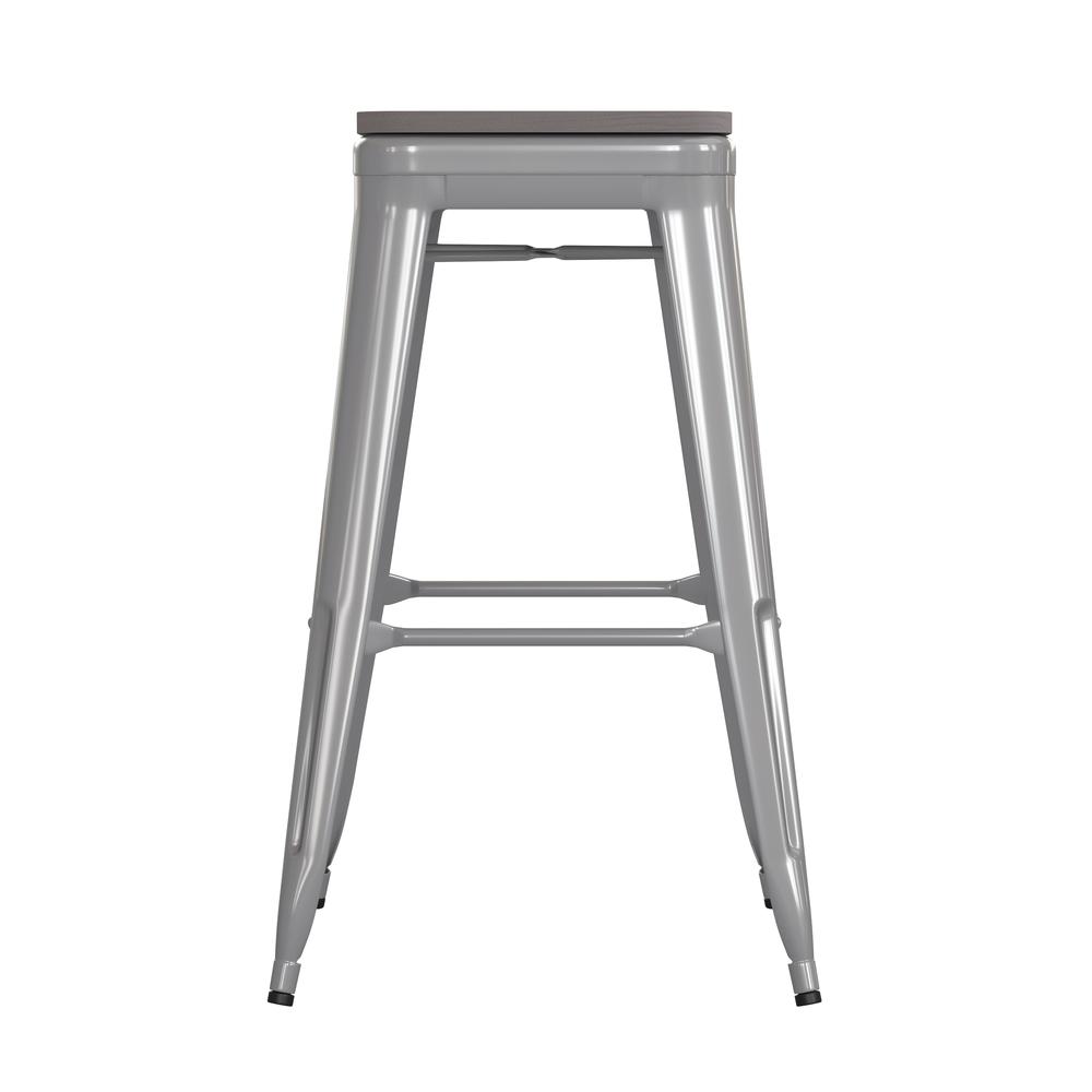30" High Silver Metal Indoor-Outdoor Barstool with Gray Poly Resin Wood Seat. Picture 10