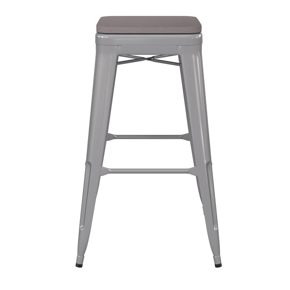 30" High Silver Metal Indoor-Outdoor Barstool with Gray Poly Resin Wood Seat. Picture 9
