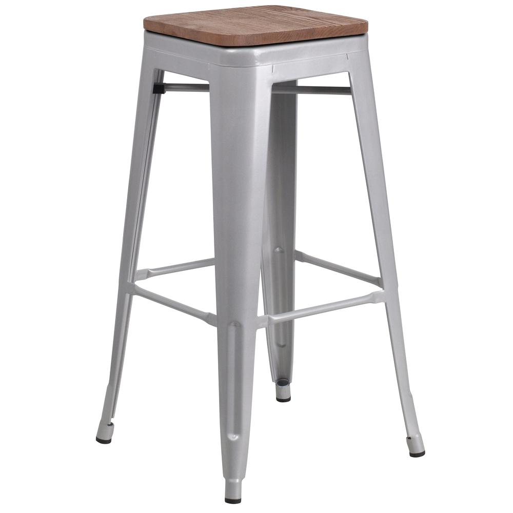 30" High Backless Silver Metal Barstool with Square Wood Seat. The main picture.