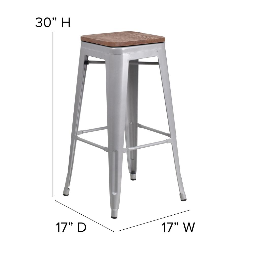30" High Backless Silver Metal Barstool with Square Wood Seat. Picture 2