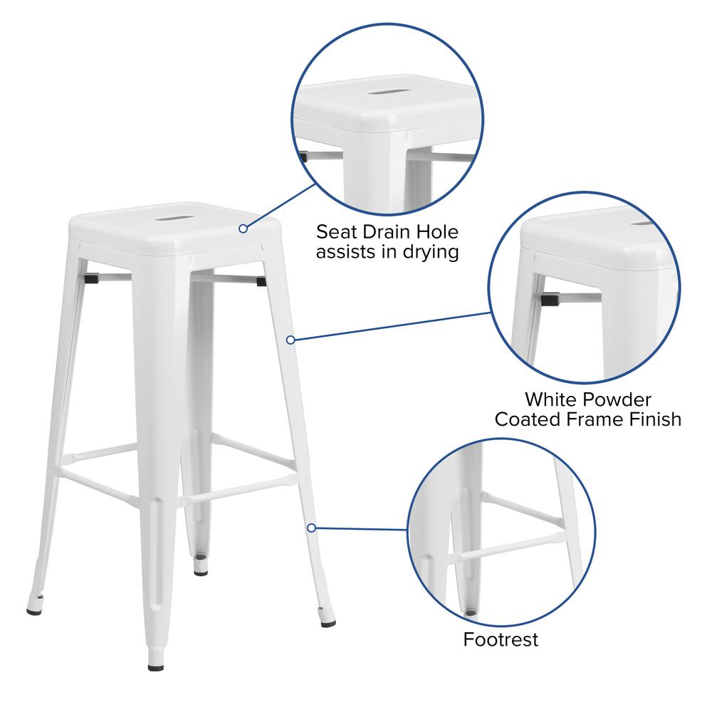 Commercial Grade 30" High Backless White Metal Indoor-Outdoor Barstool with Square Seat. Picture 3