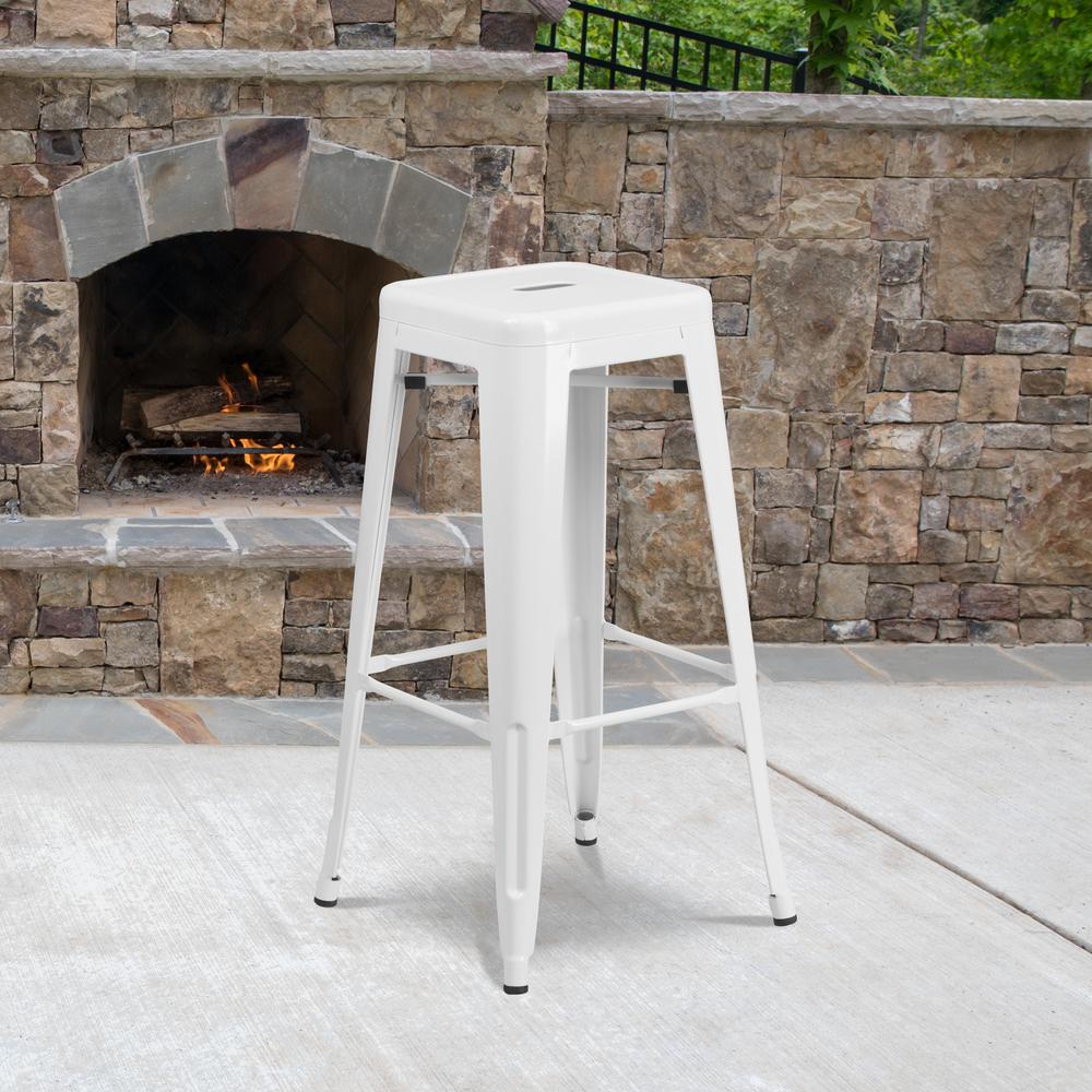 Commercial Grade 30" High Backless White Metal Indoor-Outdoor Barstool with Square Seat. Picture 6