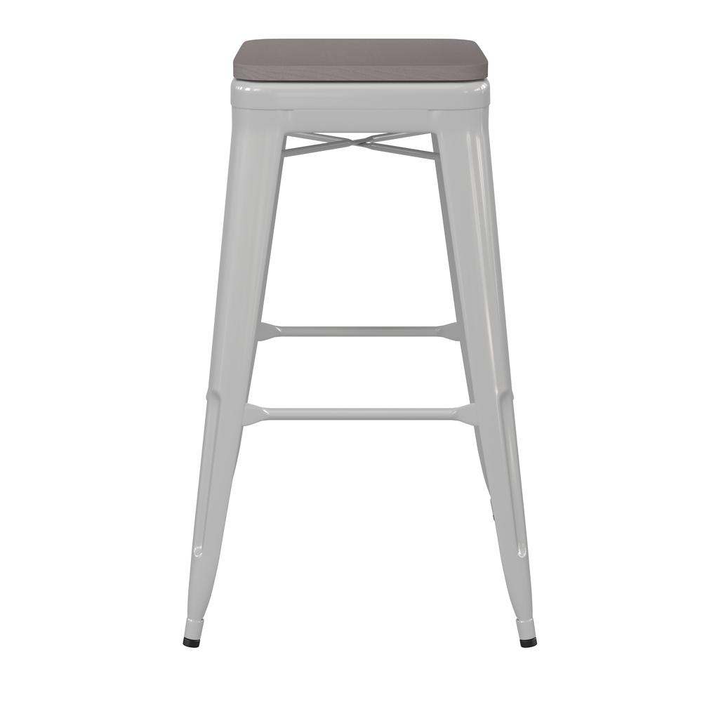 30" High White Metal Indoor-Outdoor Barstool with Gray Poly Resin Wood Seat. Picture 9