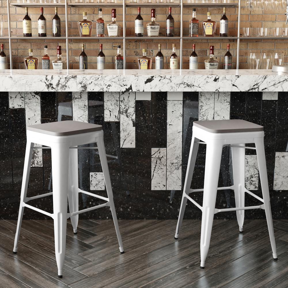 30" High White Metal Indoor-Outdoor Barstool with Gray Poly Resin Wood Seat. Picture 7