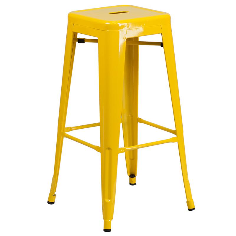 Commercial Grade 30" High Backless Yellow Metal Indoor-Outdoor Barstool with Square Seat. Picture 1