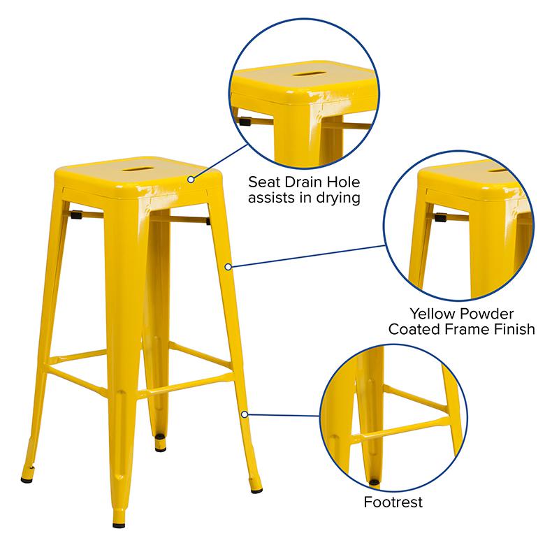 Commercial Grade 30" High Backless Yellow Metal Indoor-Outdoor Barstool with Square Seat. Picture 2