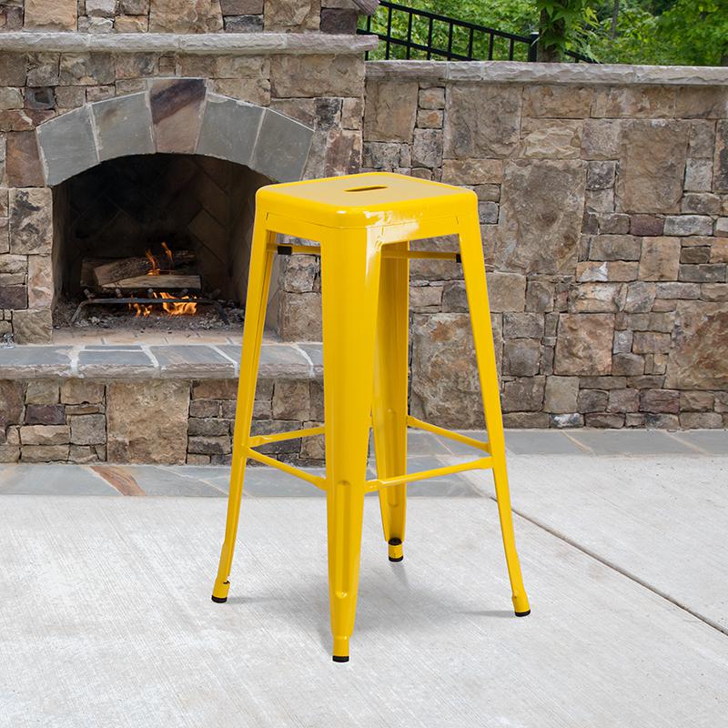 30" High Backless Yellow Metal Indoor-Outdoor Barstool with Square Seat. Picture 1