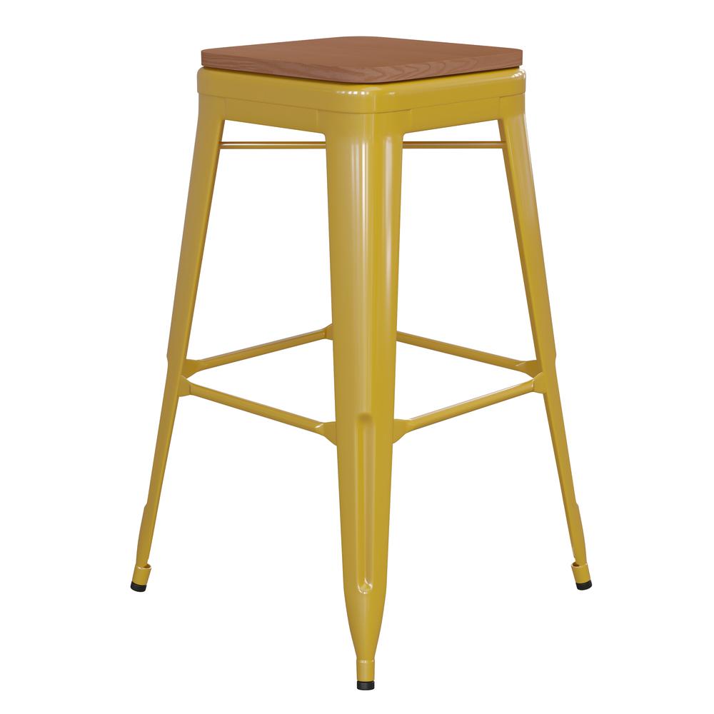 30" High Yellow Metal Indoor-Outdoor Barstool with Teak Poly Resin Wood Seat. Picture 2