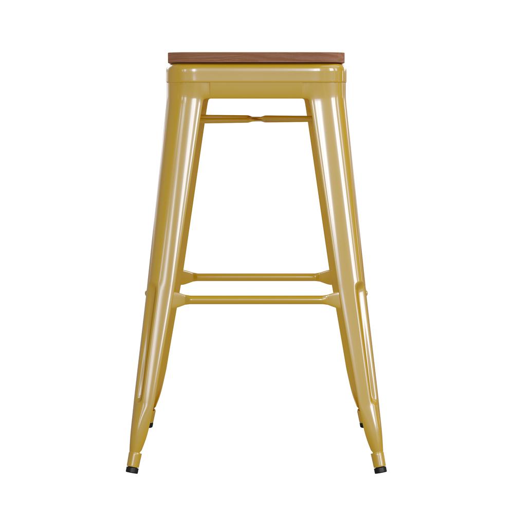 30" High Yellow Metal Indoor-Outdoor Barstool with Teak Poly Resin Wood Seat. Picture 10