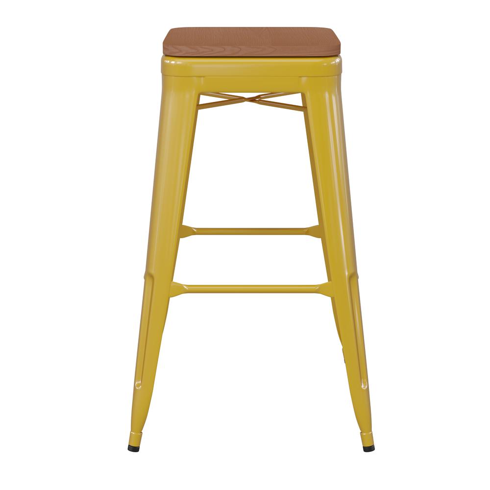 30" High Yellow Metal Indoor-Outdoor Barstool with Teak Poly Resin Wood Seat. Picture 9