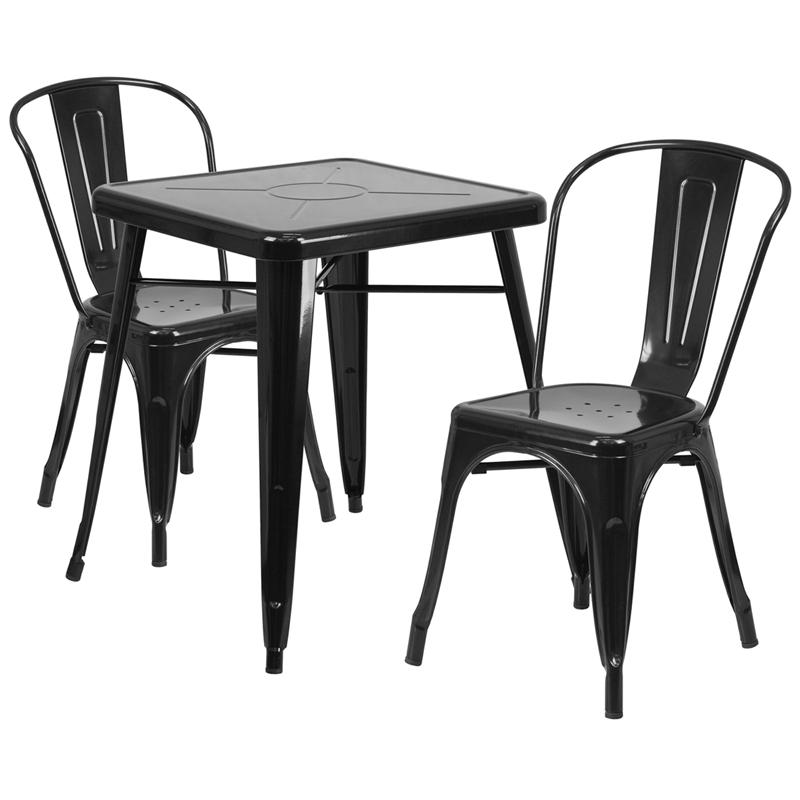 Commercial Grade 23.75" Square Black Metal Indoor-Outdoor Table Set with 2 Stack Chairs. Picture 2