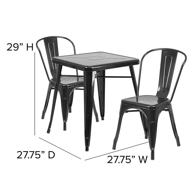 Commercial Grade 23.75" Square Black Metal Indoor-Outdoor Table Set with 2 Stack Chairs. Picture 4